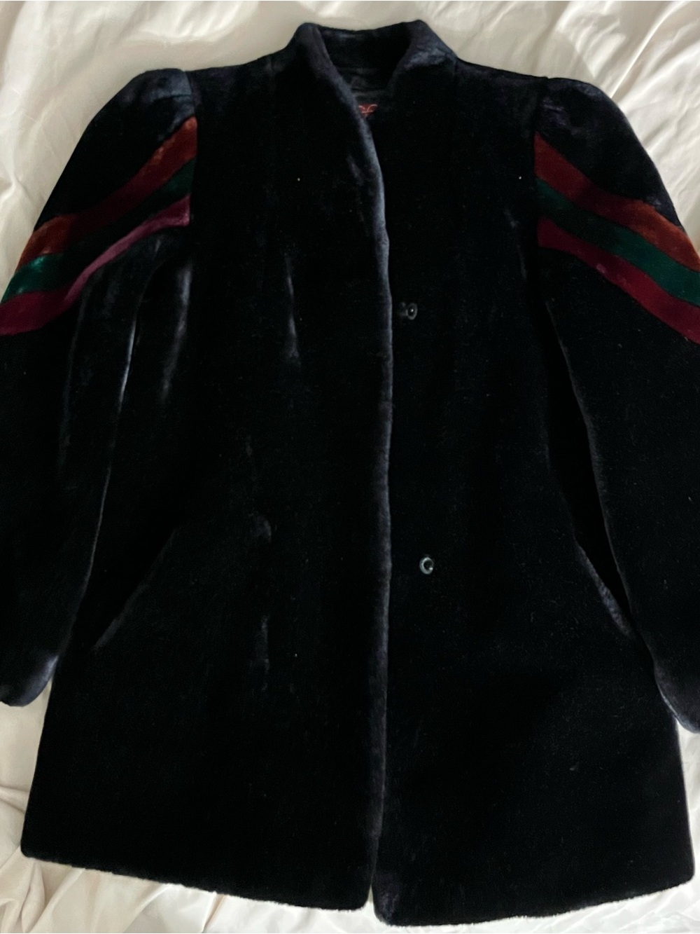Vintage Gibson Black Teddy Jacket with Red, Green and Purple Sleeve Stripes